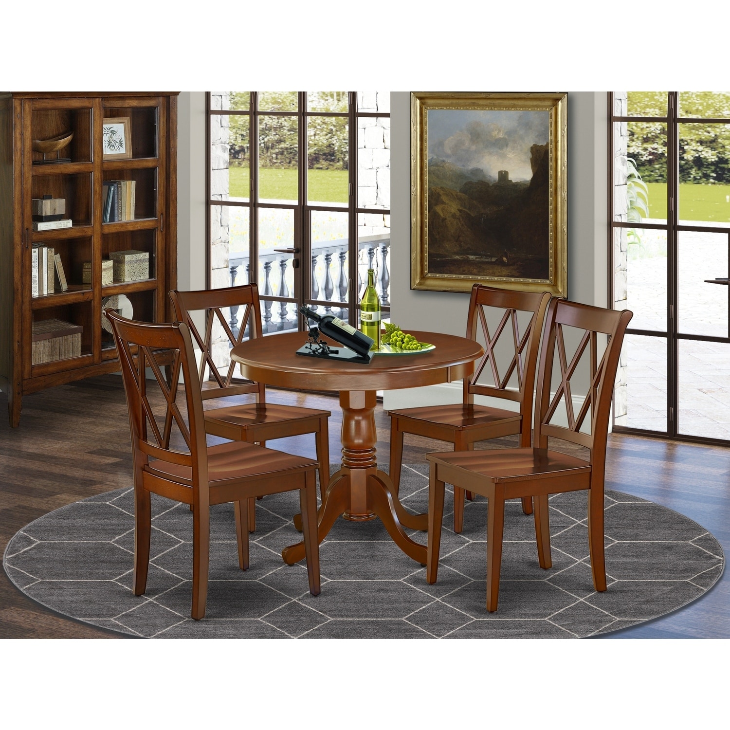 Round Kitchen Dinette Set - 5 Piece Table & Chairs - Small Space Dining Set - Mahogany Finish