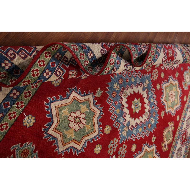 Red Geometric Kazak Oriental Area Rug Hand-Knotted Wool Carpet - 8'1" x 11'0"