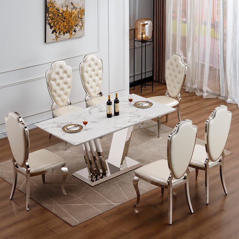 70'' Rectangle Faux Marble Dining Table with Mirrored Finish Stainless Steel Base - Silver+White