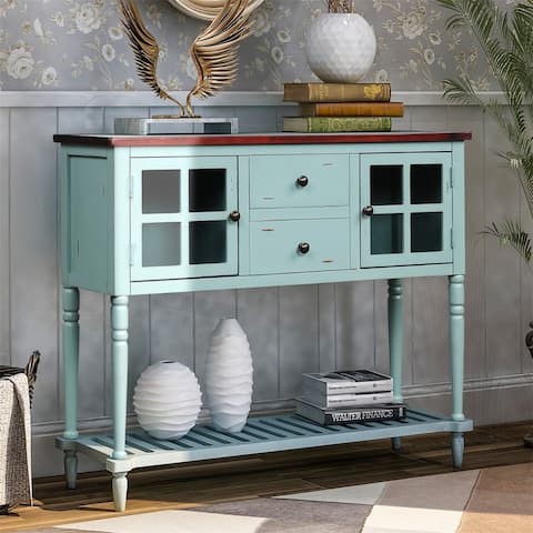 Merax Farmhouse Console Table with Glass Buffet Storage Cabinet