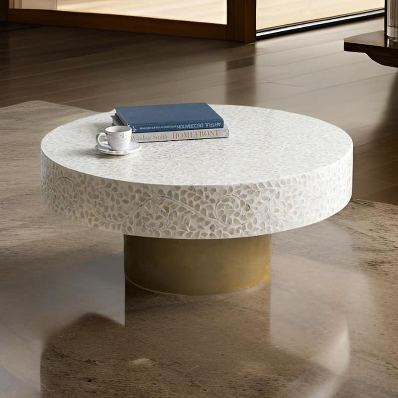 Piki 35 Inch Coffee Table, Mughal Capiz Inlaid Pattern, Cream, Gold