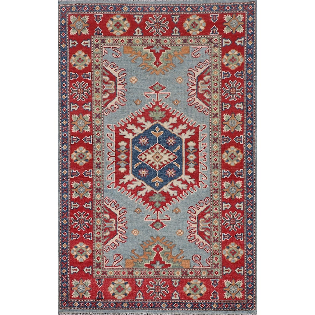 Light Blue Geometric Kazak Rug Handmade Traditional Wool Carpet - 3'0" x 4'11"