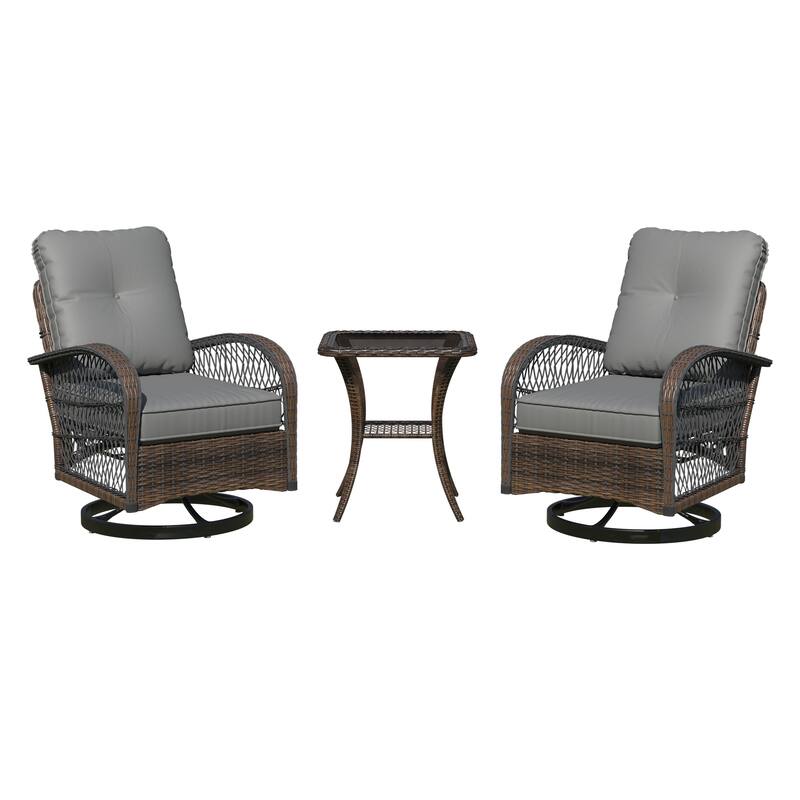 Outdoor Swivel Rocker Bistro Set - 3 Piece Wicker Patio Set with Swivel Rocking Chairs, Cushions, and Tempered Glass Side Table