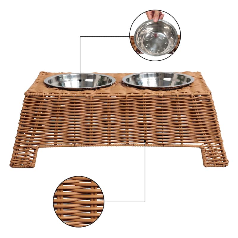 Serenity Elevated Pet Feeder 6.9" - Wicker Stand with 18oz Stainless Bowls