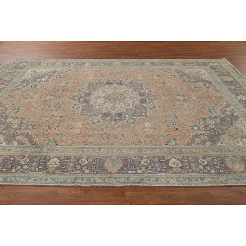 Distressed Tabriz Persian Vintage Rug Hand-Knotted Peach Wool Carpet - 7'10"x 10'8"