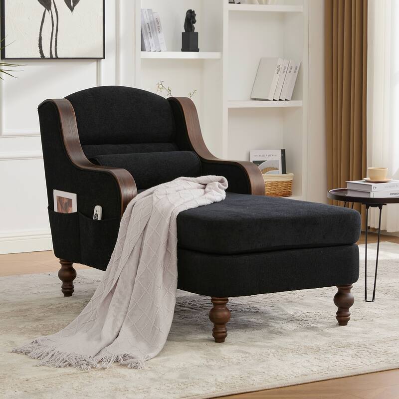 HOMEFUN Chenille Upholstered Wood Frame Oversized Chaise Lounge Single Sofa Bed with Side Pocket for Living Room,Bedroom - Black
