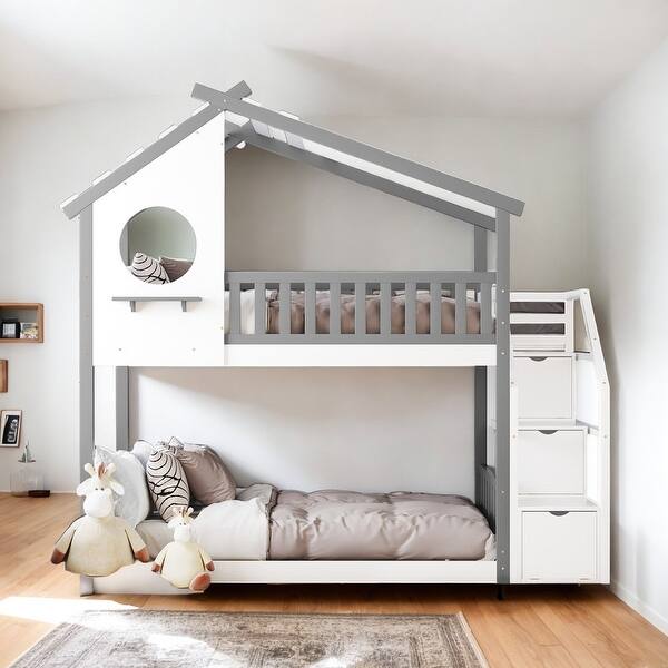 slide 2 of 20, Stairway Twin-Over-Twin Bunk Bed, Playhouse Inspired, Storage and Guard Rail, Maximized storage space, Grey Bed +White Stair Grey