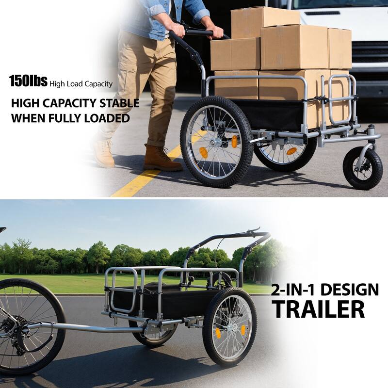 3-in-1 Heavy-Duty Bike Cargo Trailer, Upgraded 20" Wide Fat Tires, 150lbs Capacity, Steel Frame, Convertible Stroller Pull Cart