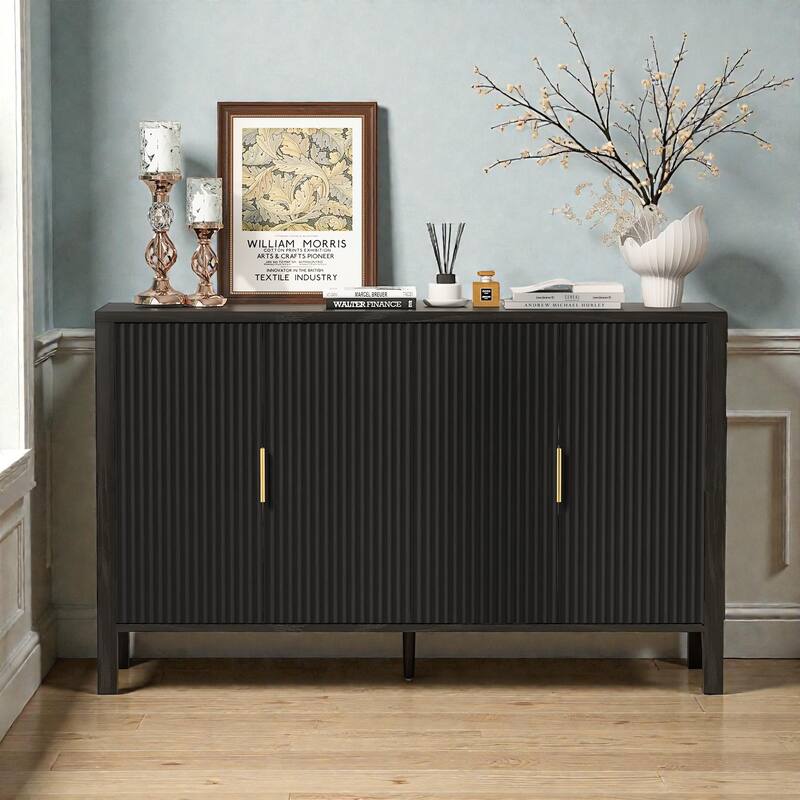 57.5" Modern Stripe Door Storage Cabinet with 4 Doors, Adjustable Shelves, Back-of-Door Racks & Side Hooks - Black