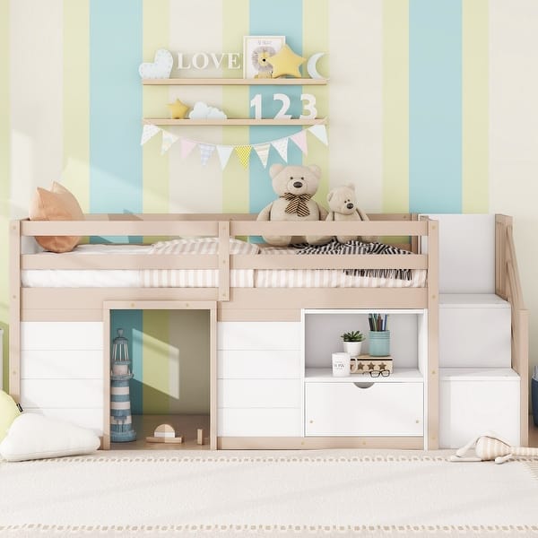slide 2 of 17, Solid Wood Twin Size Low Loft Bed with Stair and Drawer Cream+White