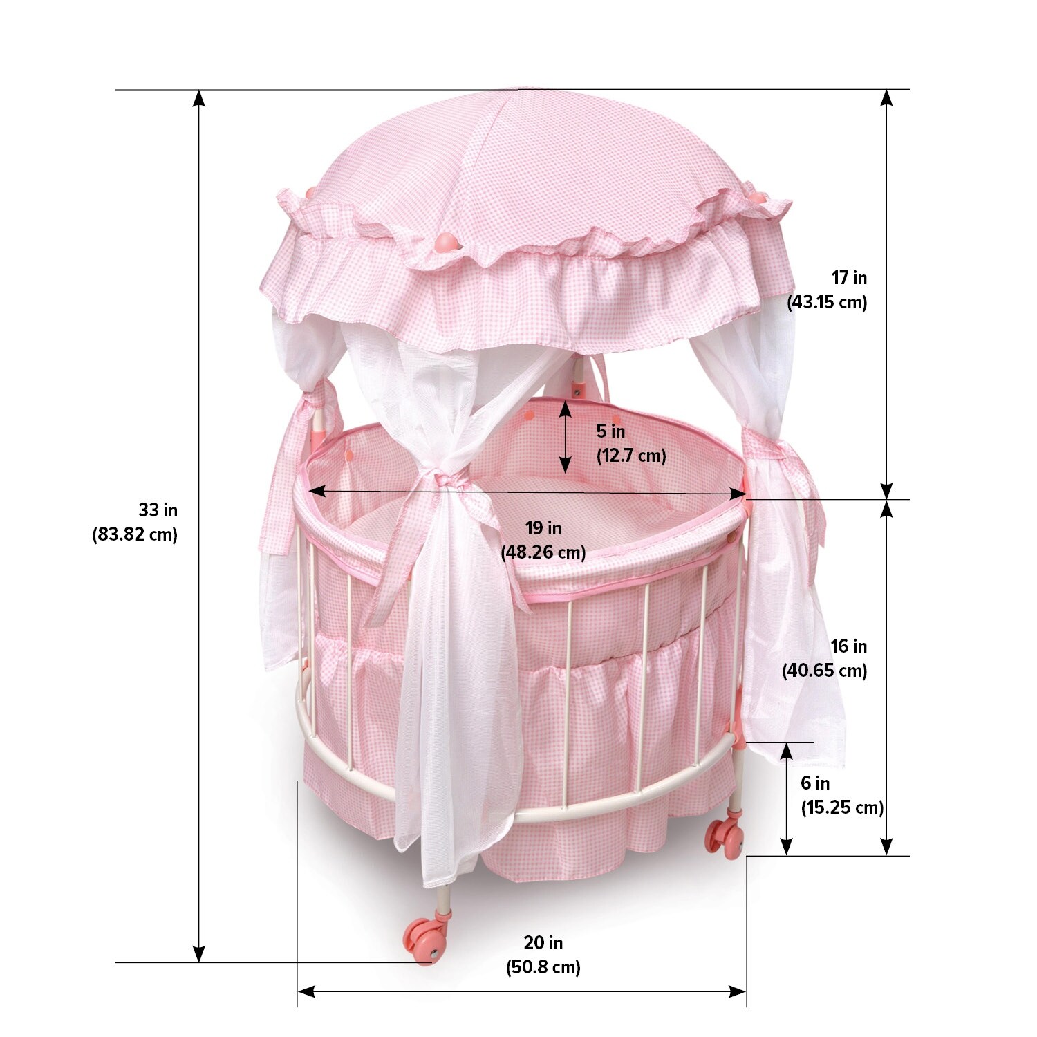 Badger Basket Royal Pavilion Round Doll Crib with Canopy and Bedding  Pink/White