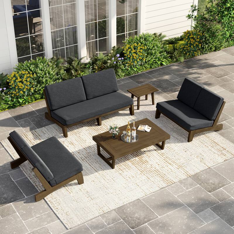 Casual Teak Outdoor Patio Conversation Set with Cushioned Sofa Loveaseat - Natural Wood - Dark Grey-5 Piece