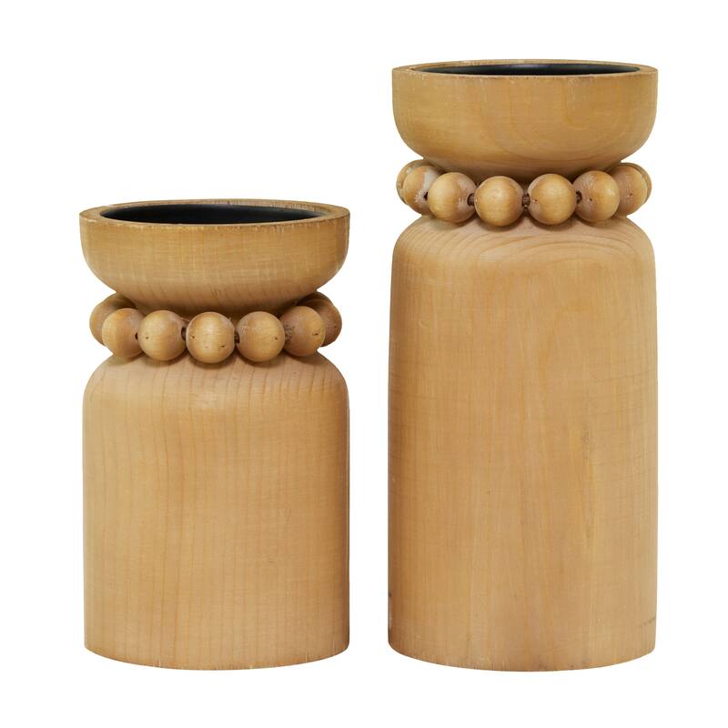 Brown or White Wood Beaded Pillar Candle Holder (Set of 2)