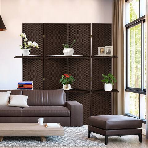 Kinsuite Room Divider Wood 4 panel, Portable Wide-Diamond Weave Privacy Folding Screen with Removable Storage Display