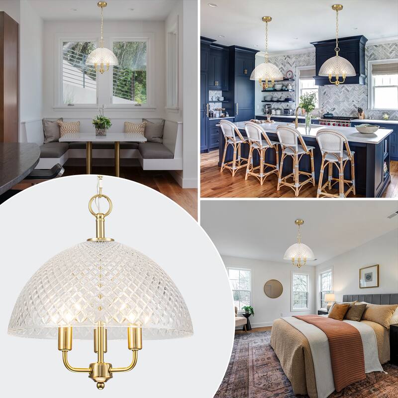 Brushed Gold 3-Light Pendant Light with Half-Dome Grid Shade Dining - Dia.15.75-in