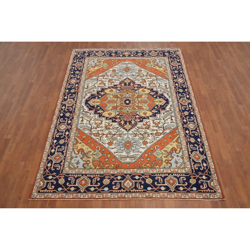 Hand Knotted Oriental 100% Wool Carpet Traditional Medallion Beige & Ivories Heriz (serapi) Area Rug - 8' 4'' X 6' 0''