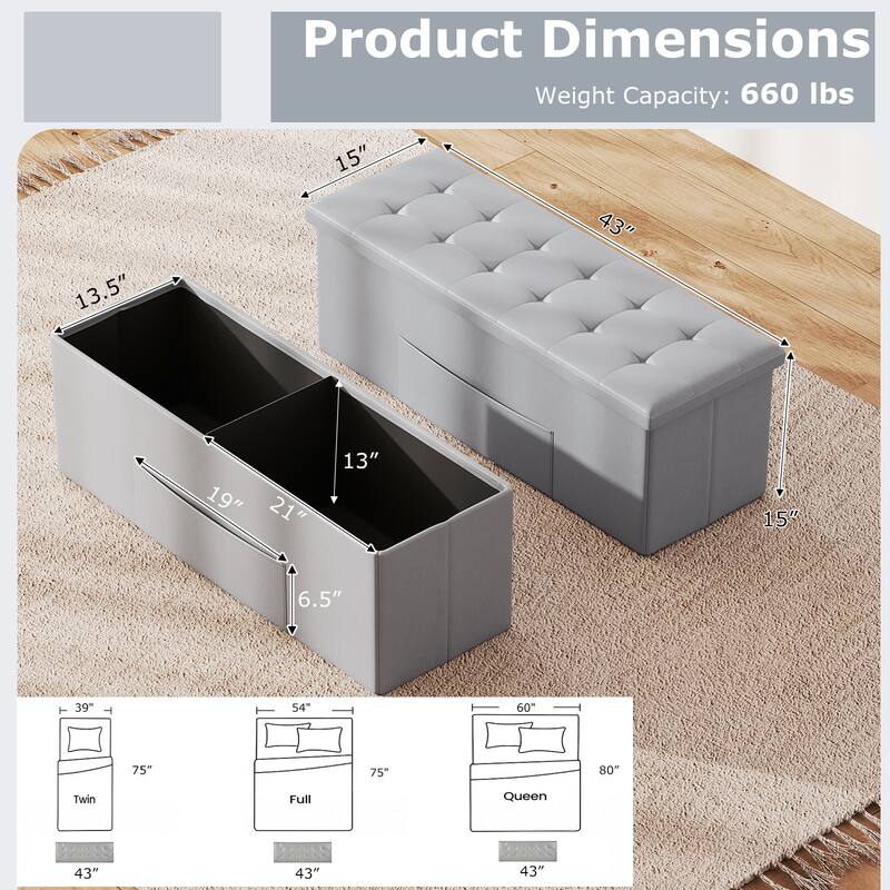 43 Inch PU Leather Storage Ottoman Bench with 38 Gallon Capacity Removable Divider and Foam Cushion for Living Room Entryway
