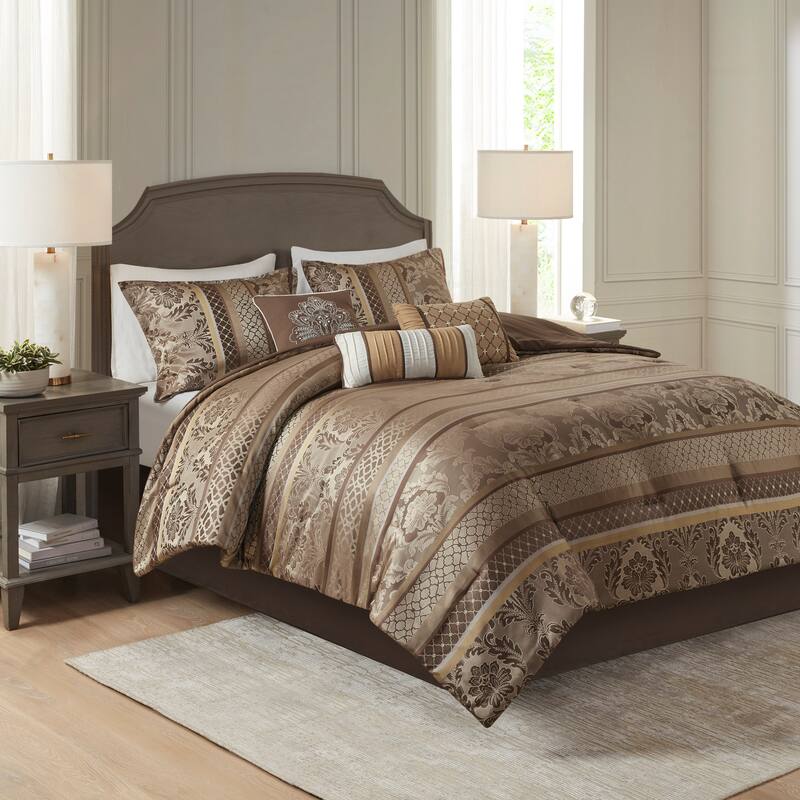 GDF Studio - Jacquard Comforter Set with Decorative Pillows - Brown+Gold
