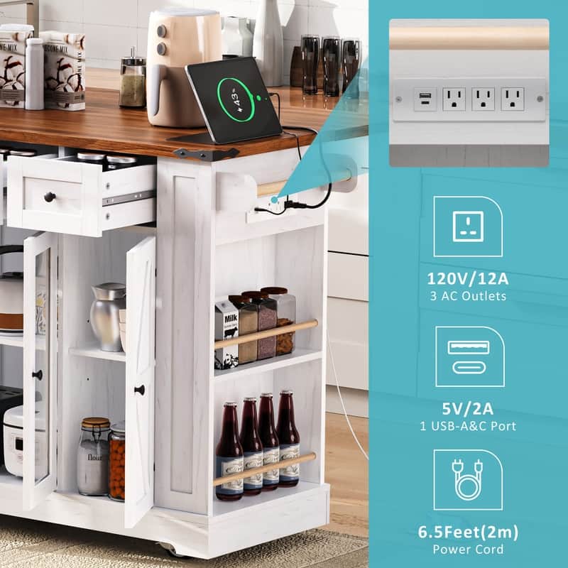 Farmhouse 53" Rolling Kitchen Cart on Wheels with Drop Leaf and Built-in Power Outlet