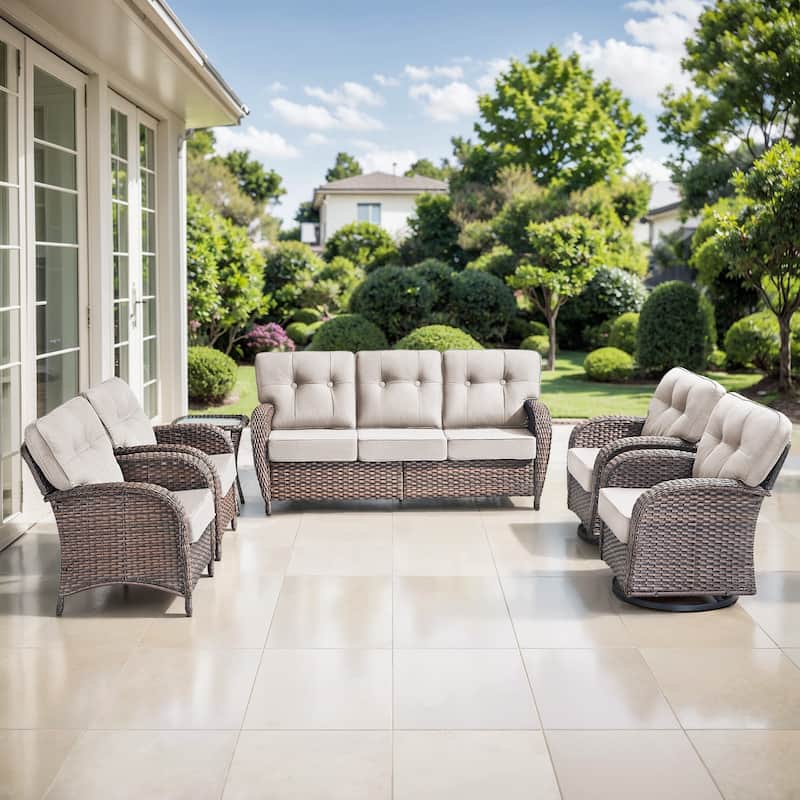 TWrap 6-Piece Patio Brown Wicker Sofa Conversation Set with 5-Inch Thick Cushions - Brown/Beige - 6-Piece