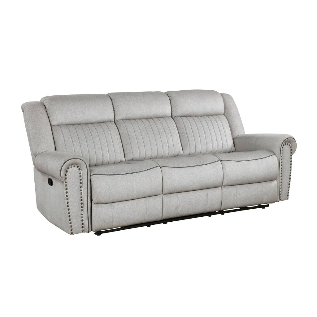 Ben Manual Reclining Sofa, 89 Inch, Gray Microfiber, Nailhead Trims