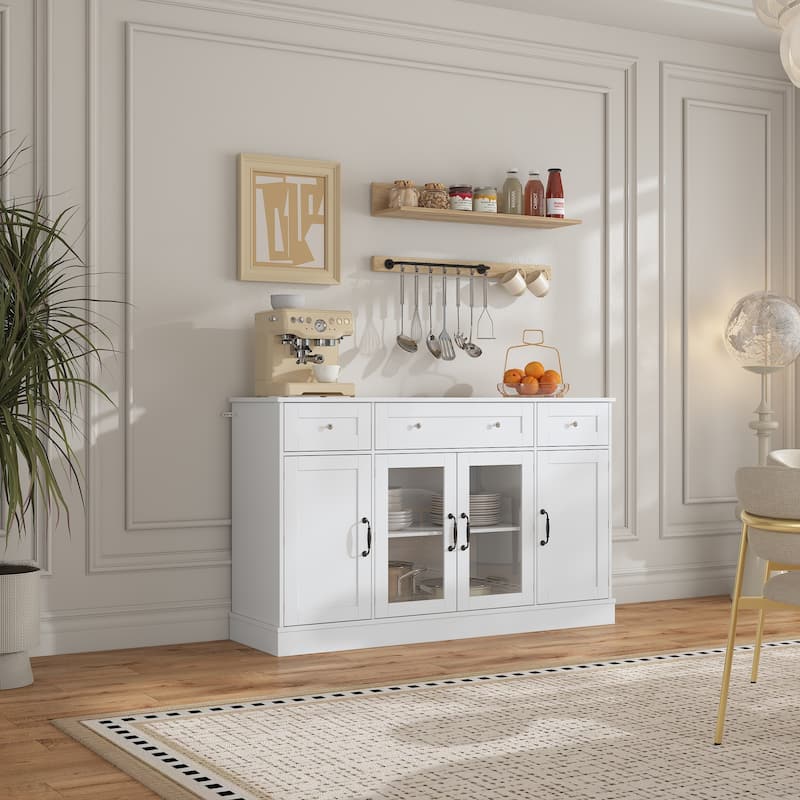 White Buffet Cabinet with 3 Drawers and 4 Doors, Glass Center Doors Sideboard