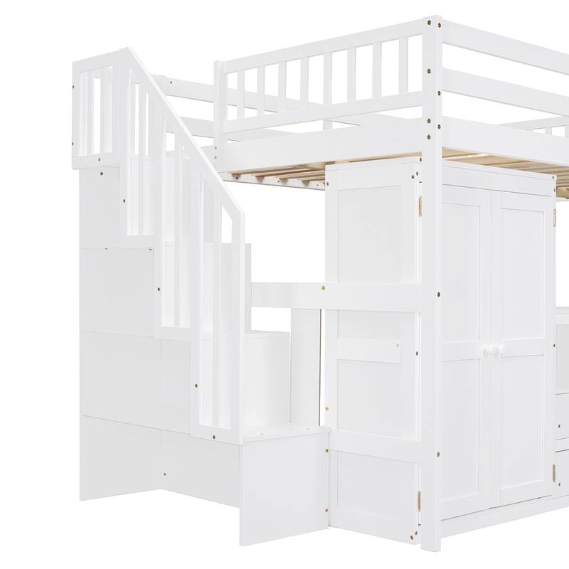 Multifunctional Full Size Loft Bed with Stairs, Bookshelf, Drawers, Desk & Wardrobe - White
