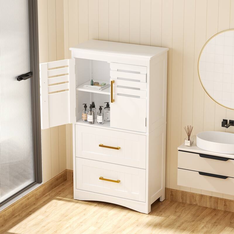 Bathroom Floor Storage Cabinet, Freestanding Bathroom Cabinet with 2 Drawers 2 Doors, Storage Cabinet with Gold handle