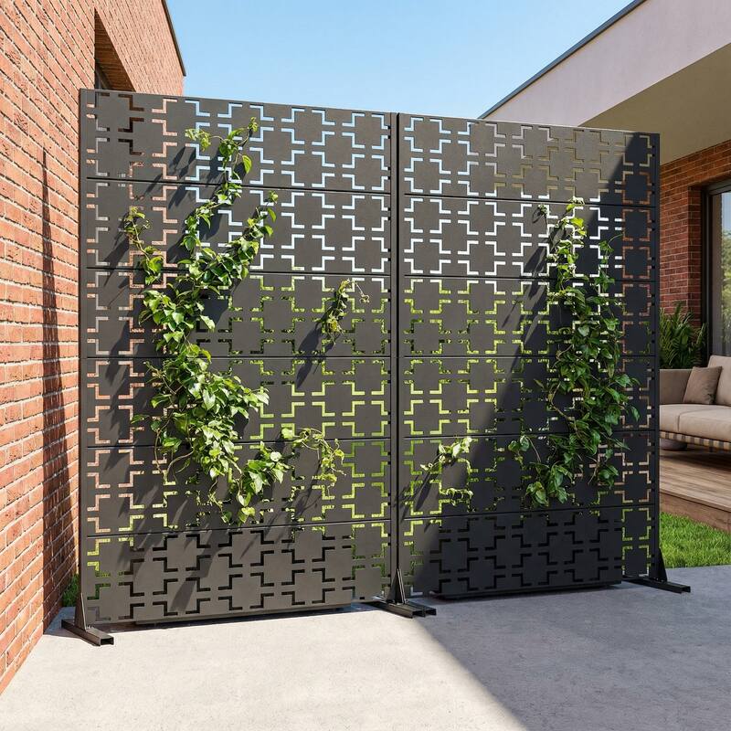 Outdoor Freestanding Metal Privacy Screen Decorative Garden Fence Set of 2 - Black - 72"x47"