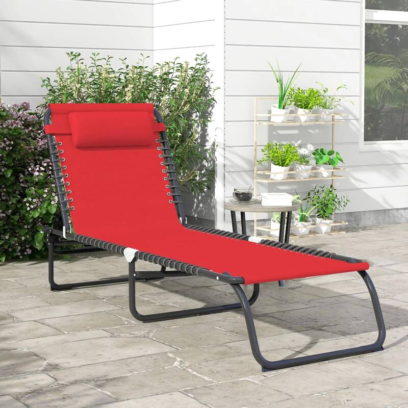 Foldable Chaise Lounge,4-Pos Recline,Trifold Portable,Breathable Mesh - Wine Red