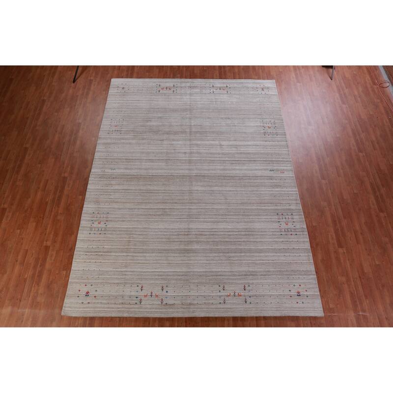 Hand Knotted Oriental 100% Wool Carpet Tribal Stripe Beige & Ivories Gabbeh Area Rug - 12' 7'' X 9' 2''