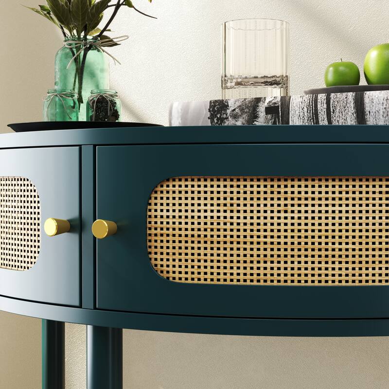 Half Moon End Table with Sliding Rattan Door, Boho Semi-circle Entryway Console Table with 2 Storage Cabinet and Bottom Shelf