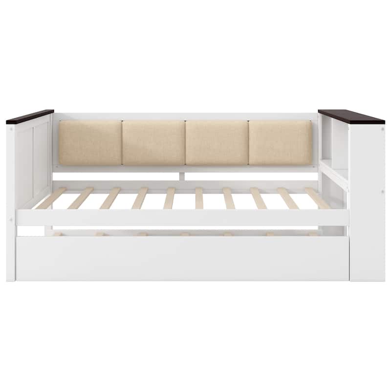 Twin Size Wood Daybed with Storage Shelves, Upholstered Backrest,USB and Trundle, White