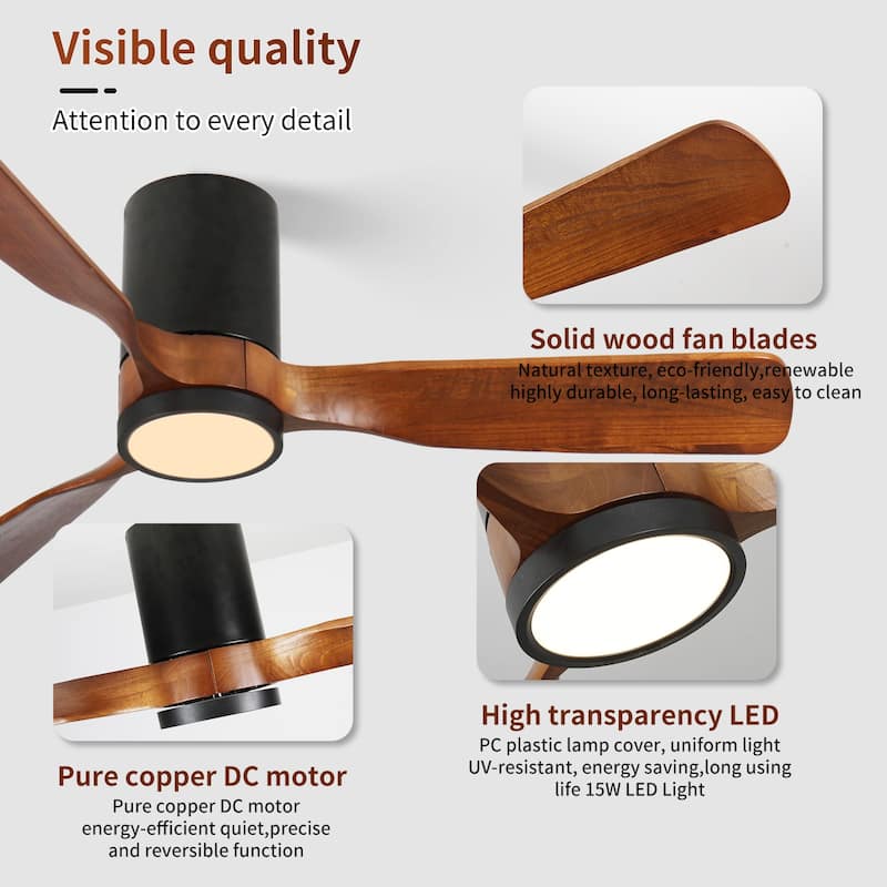 52 in. LED Indoor/Outdoor Flush Mount Matte Black Ceiling Fan with Wood Blades, 6-Speed DC Remote Control