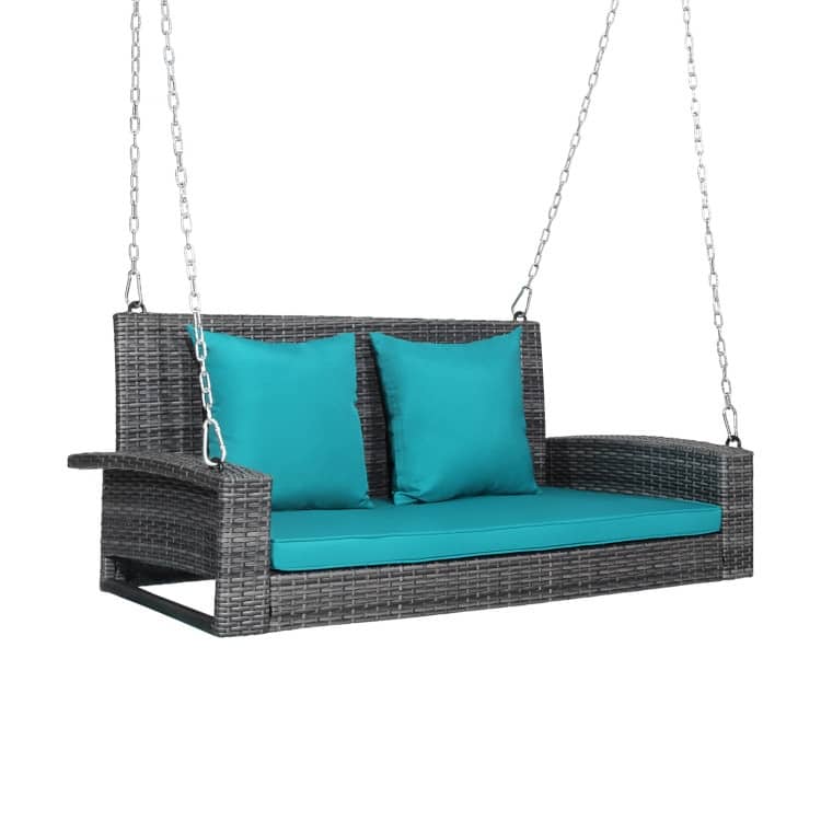 2-Person Wicker Hanging Porch Swing with 2 Back Cushions and 1 Seat Cushion - 50" x 22" x 20.5" (L x W x H) - Turquoise