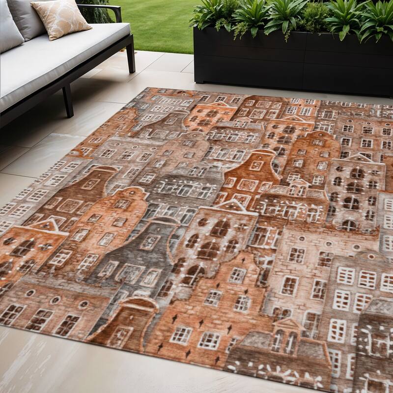 HomeRoots Village Houses Transitional Rectangle Outdoor Rug - 5' X 8'