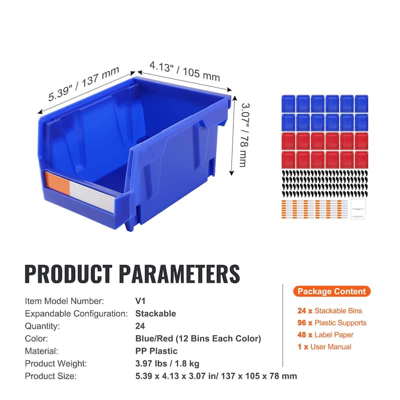 Plastic Storage Bin, Hanging Stackable Storage Organizer Bin, Blue/Red, Heavy Duty Stacking Containers for Closet, Kitchen