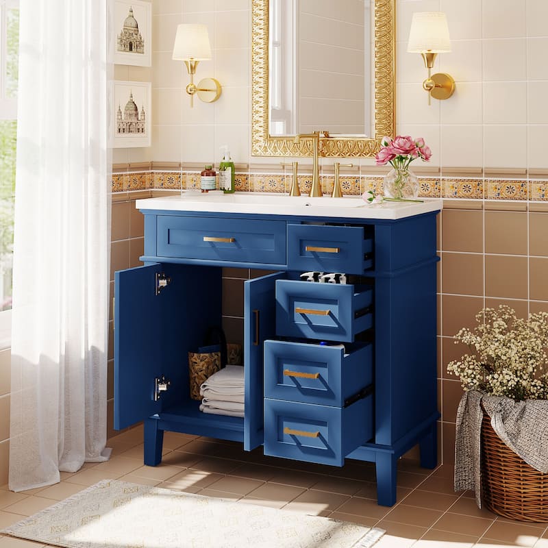 36 inch Solid Wood Bathroom Vanity with Ceramic Sink with Two Soft Close Doors and Four Drawers - 36''