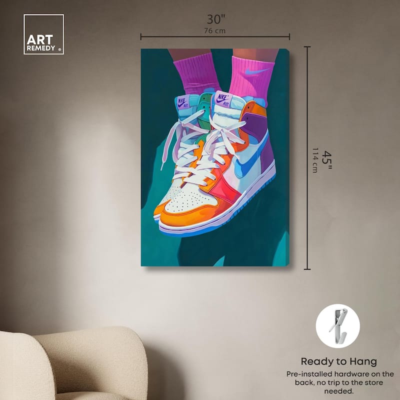 Colorful Sneaker Jump Canvas by Art Remedy, Gallery Wrapped