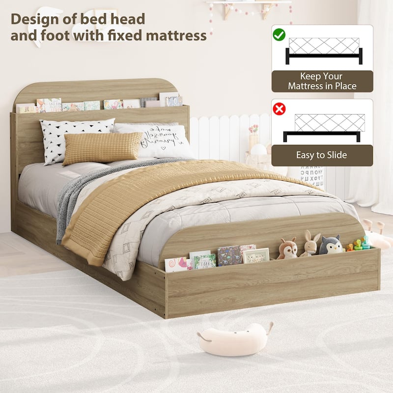 Twin Size Bed Frame, Wooden Beds with Storage Headboard and Raised-Foodboard, Floor Low Platform Bed
