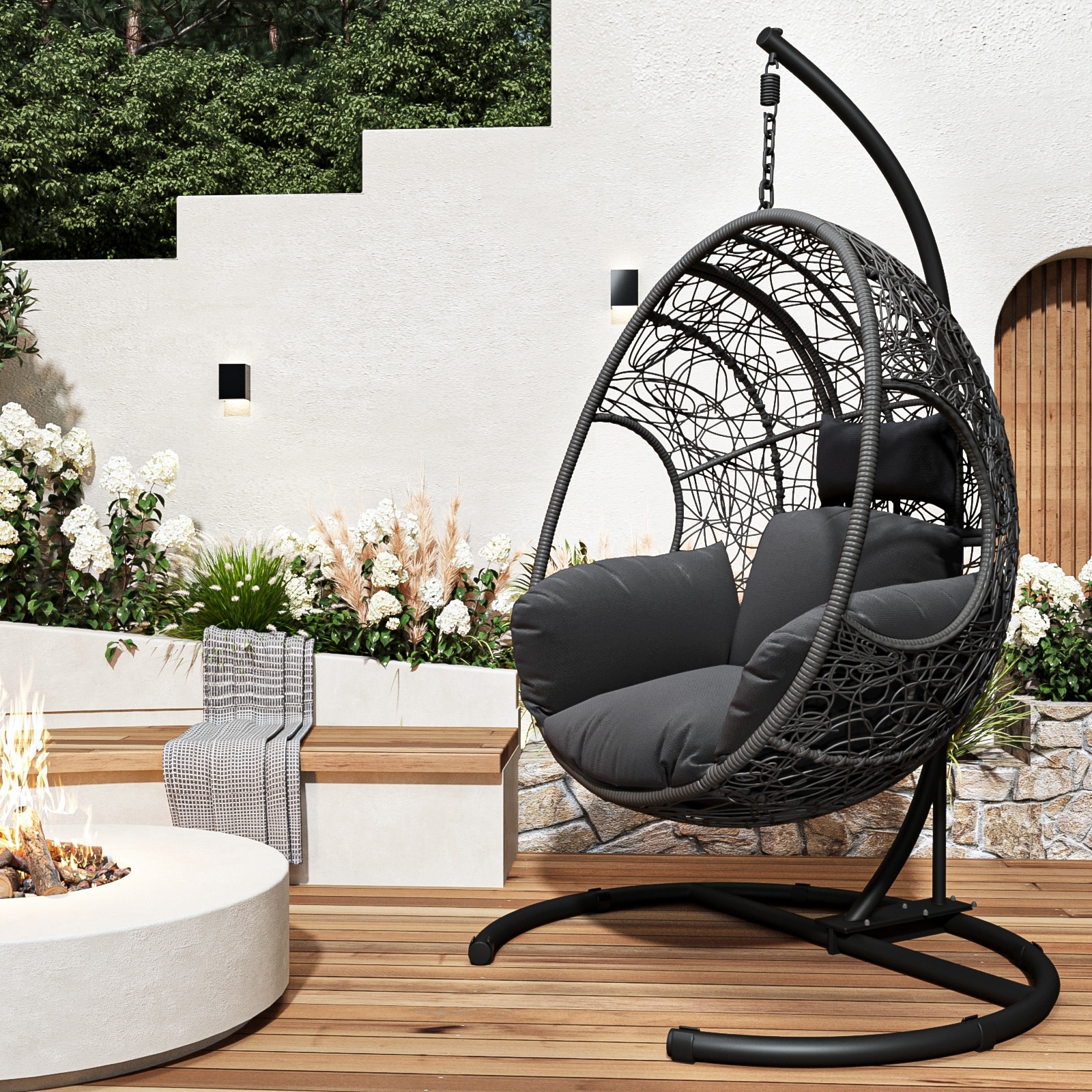 Belham living resin wicker kambree rib hanging egg chair with cushion and stand hotsell