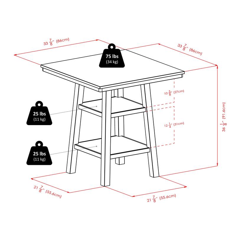 Square Bar Table Set with Ladder Back Chairs and 2 Tier Storage Shelf - 33.8"W x 33.8"D x 36"H