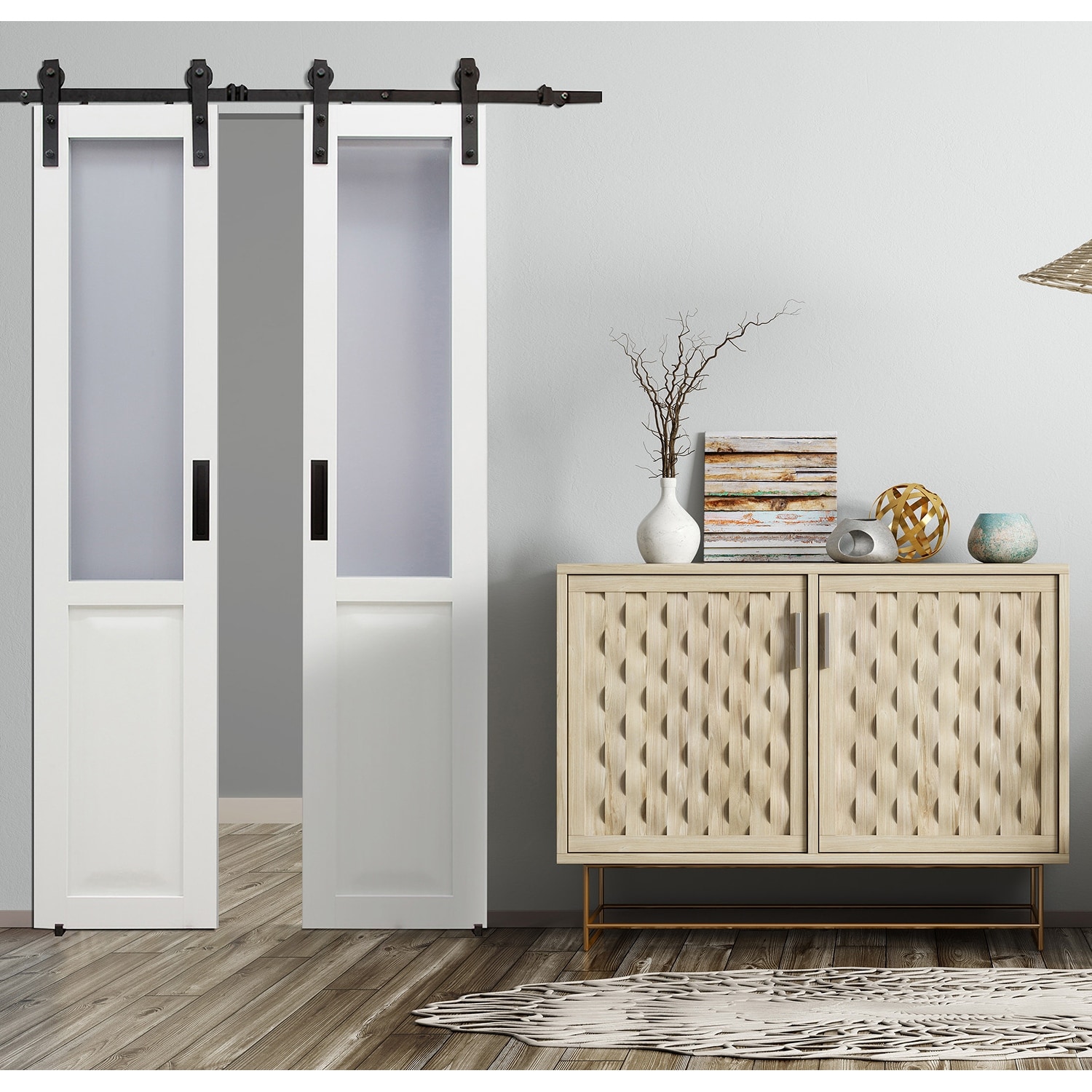 Millbrooke White Center Opening PVC Barn Door Sliding Door Kit with Frosted Panels 36 x 84 Assembly Required