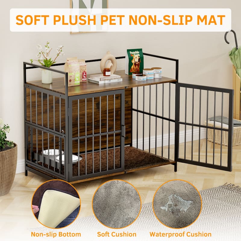 Dog Cage Furniture with Cushion, Dog Kennel Indoor with Rotating Feeder Bowls, Heavy Duty Indoor Cage Kennel