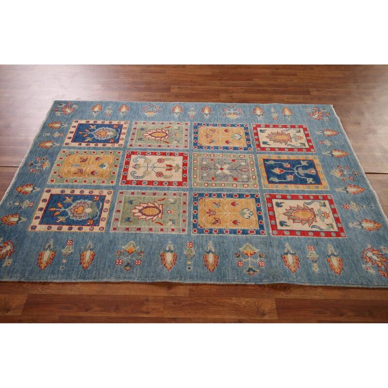 Garden Design Blue Kazak Oriental Area Rug Hand-Knotted Wool Carpet - 4'3" x 6'2"