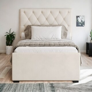Beige Twin Size Tufted Platform Bed Trundle Bed with Adjustable Velvet ...