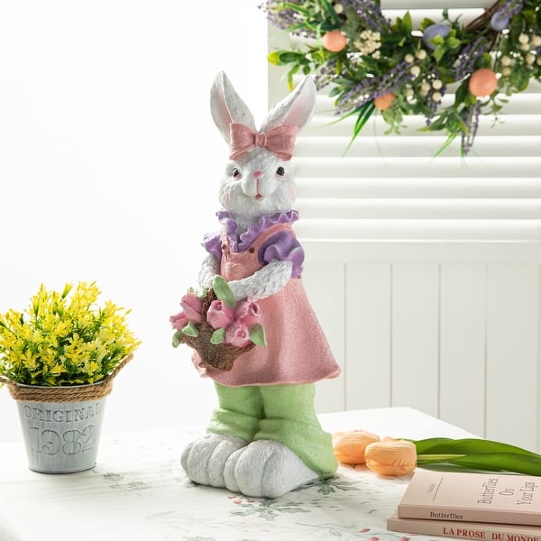 slide 2 of 24, Glitzhome Easter Resin Bunny Boy Girl Table Statue Decoration Rabbit Figurine with Flower Party Ornaments 17.5"H Girl