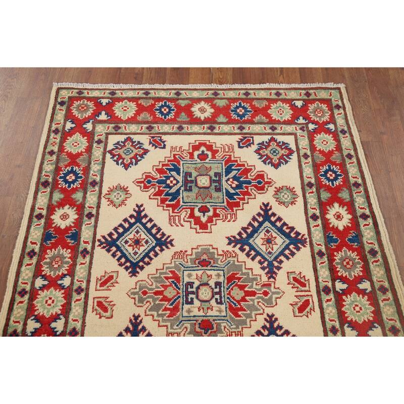 Beige Geometric Kazak Foyer Rug Oriental Handmade Wool Carpet - 3'6" x 5'1"