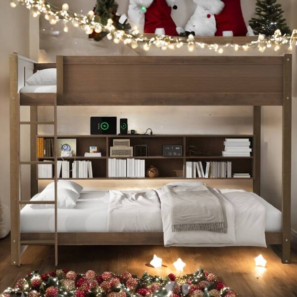 slide 2 of 17, Antique Wood Queen over Queen Bunks Platform Bed with Storage Cabinets and USB Ports