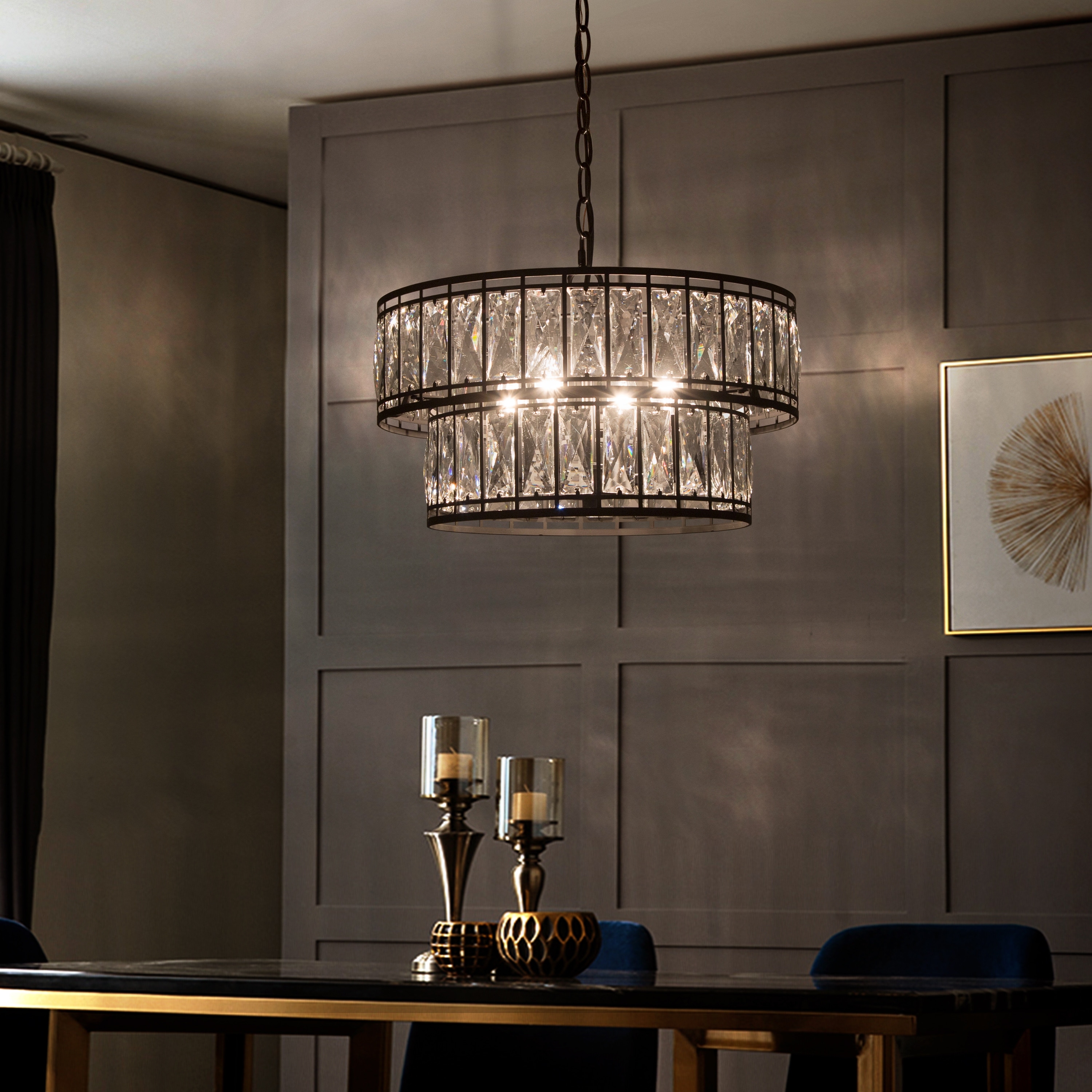 Aulia Modern Black Crystal 4-Light Drum Chandelier Lights for Dining Room - Dia.15.5" x H10"